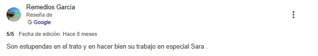 Reseña de Google de una clienta de Sadelva Valencia