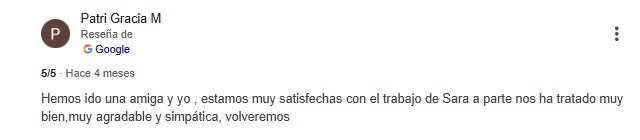 Reseña de Google de una clienta de Sadelva Valencia